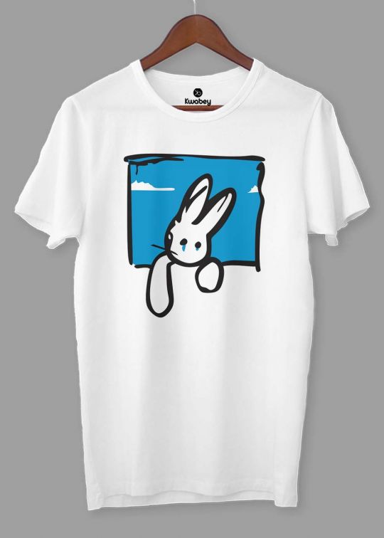 Rabbit Print White Half Sleeve T-Shirt For Men