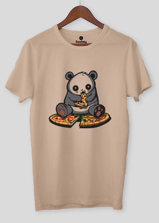 Pizza Panda Printed Beige Half Sleeve T-Shirt For Men
