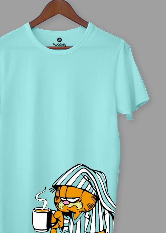 Garfield Tea Side Print Aqua Half Sleeve T-shirt For Men