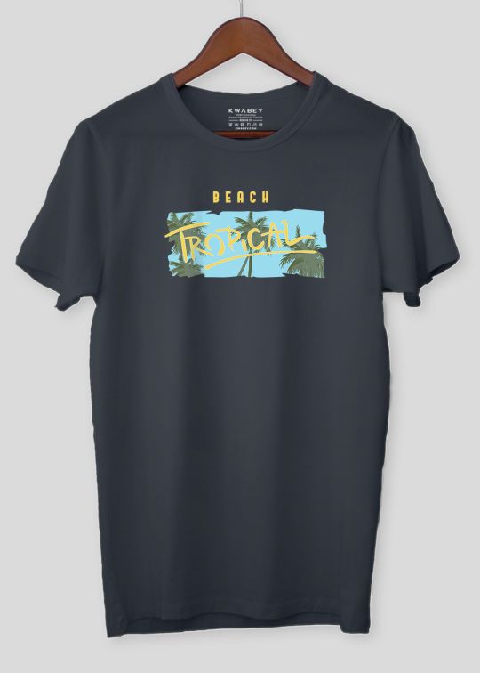 Beach Tropical Printed Stone Grey Half Sleeve T-Shirt For Men