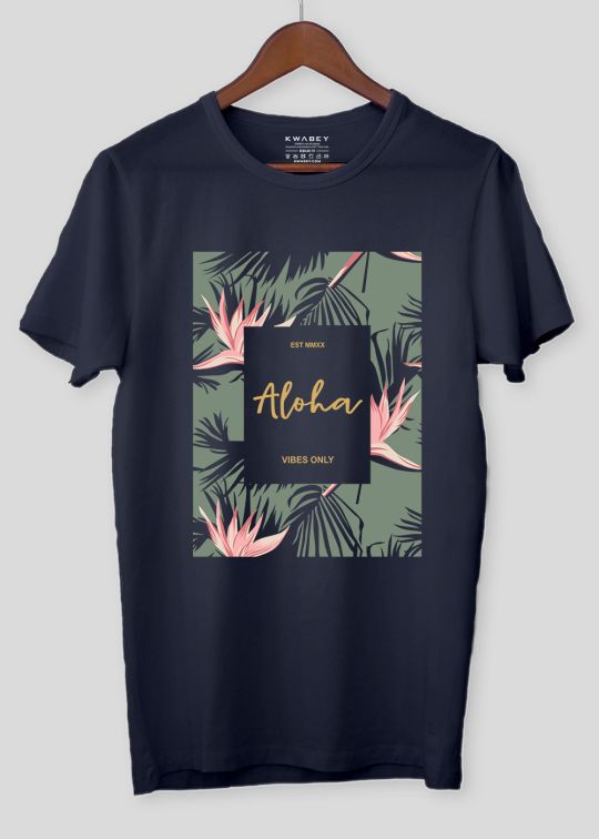 Aloha Printed Navy Half Sleeve T-Shirt For Men