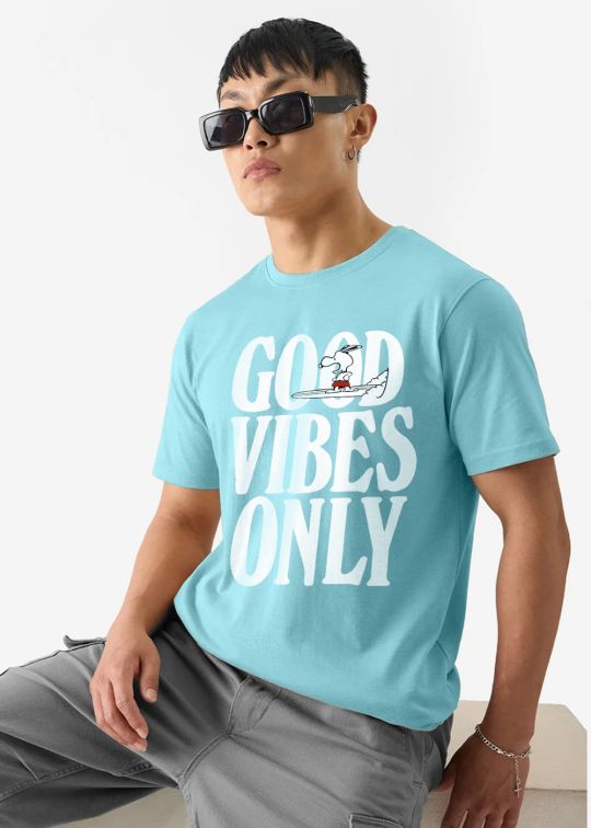 Good Vibes Snoopy Aqua Half Sleeve T-Shirt For Men
