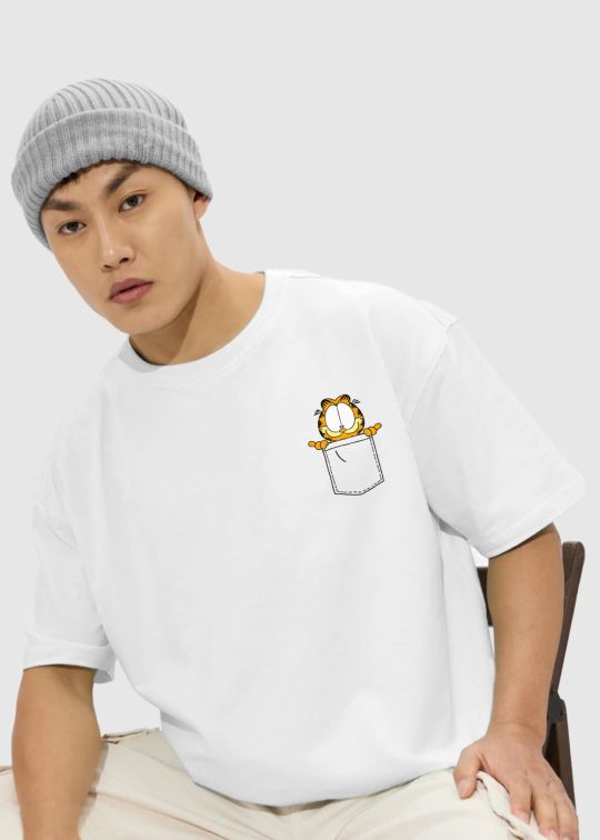Pocket Garfield White Oversized T-shirt For Men