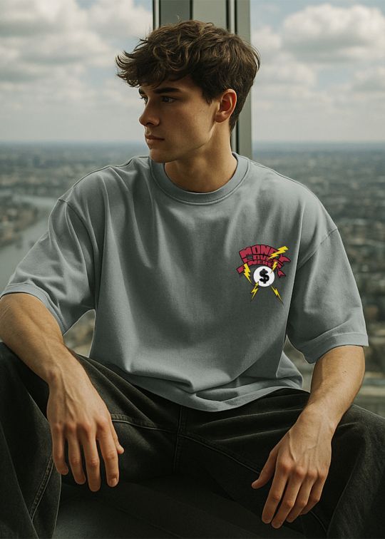 Money Over Energy Premium Ultimate Grey Puff Oversized T-shirt For Men