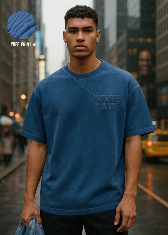 Floral Vivre La Vie Denim Blue Premium Oversized T-shirt For Men