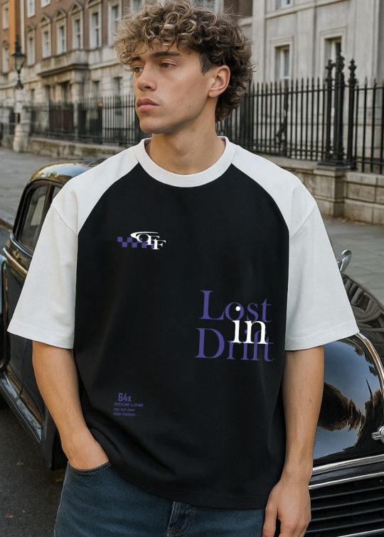 Black & White Raglan Sleeve Lost in Diff Oversized T-shirt For Men