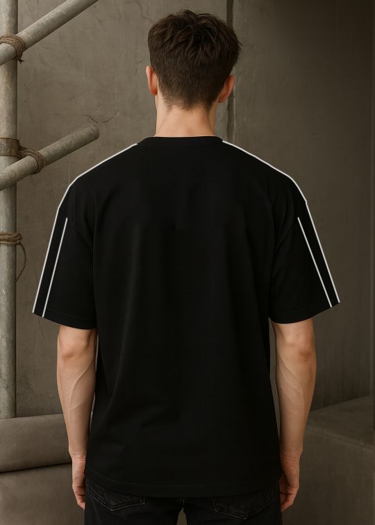 Men's Black Oversized T-Shirt with White Contrast Piping Detail