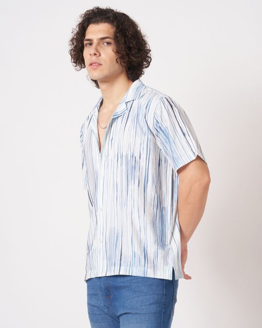 Men Blue Abstract Ink Stripe Printed Casual Shirt