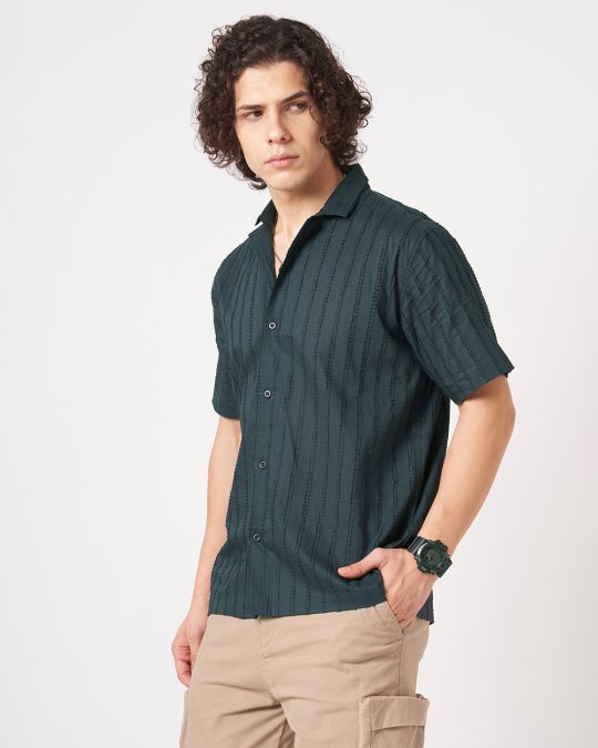 Men Navy Crinkle Textured Short Sleeve Shirt