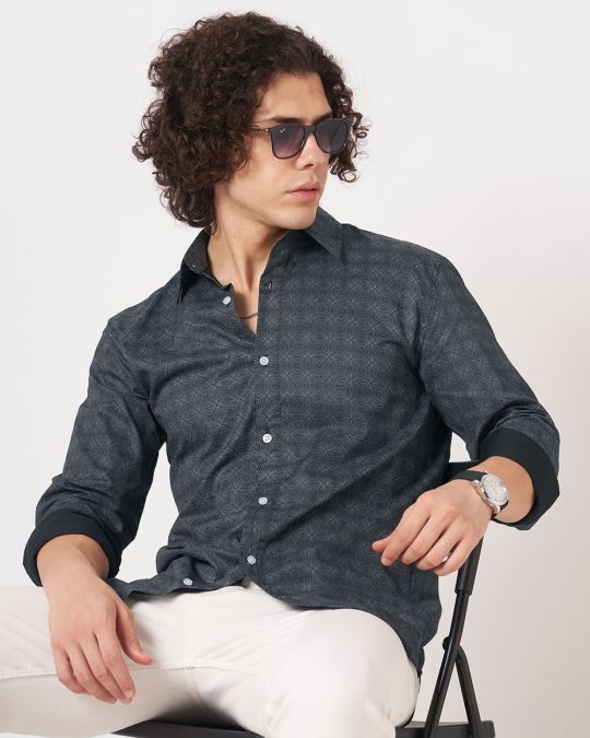 Men Black Minimal Matrix Print Full Sleeve Shirt