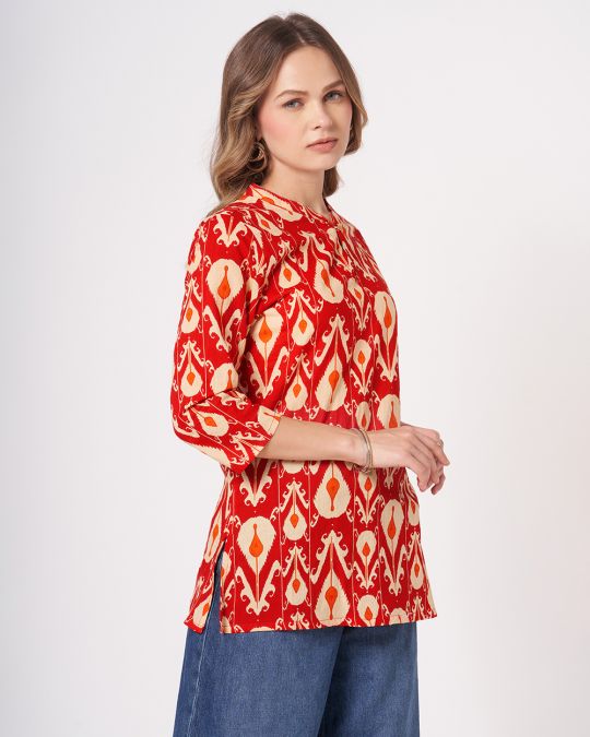 Red Ikat Printed Kurta For Women