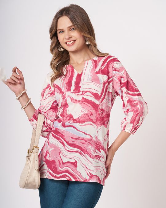 White Marble Printed Short Kurti For Women