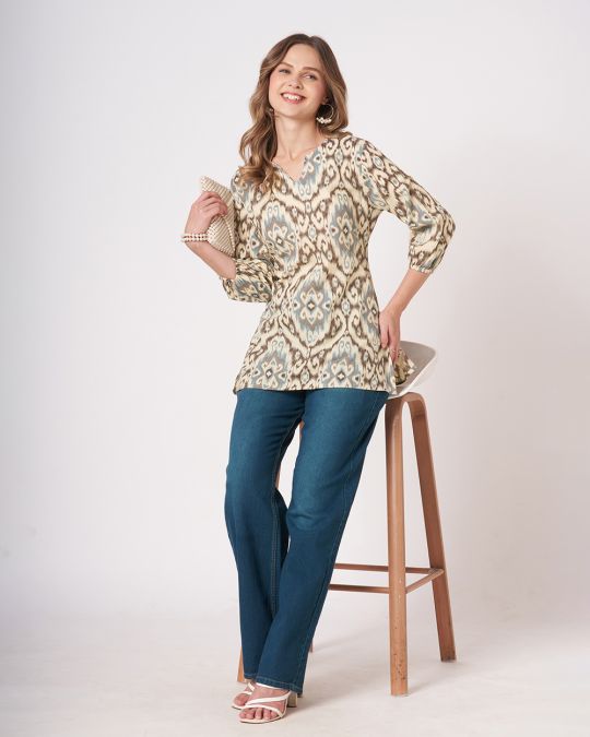 Off White Ikat Printed Short Kurti For Women