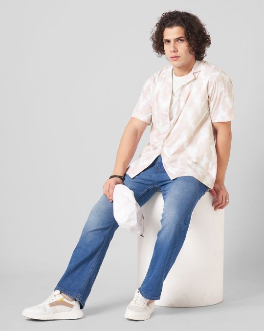 Men Peach Ink Printed Cuban Collar Shirt