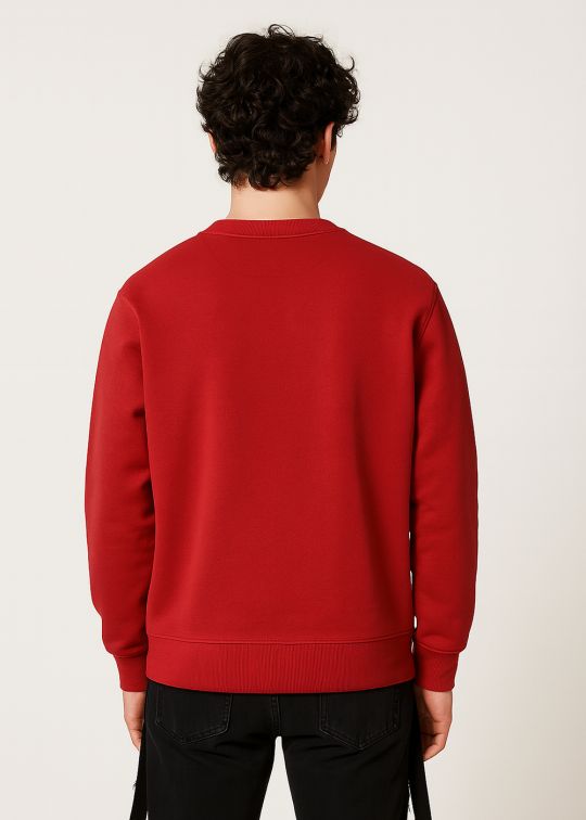 Men Red Crew Neck Relaxed Fit Sweatshirt With Cross Stitch
