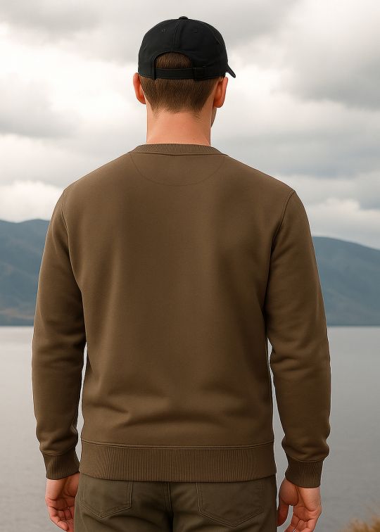 Men Pastel Brown Crew Neck Relaxed Fit Sweatshirt With Cross Stitch