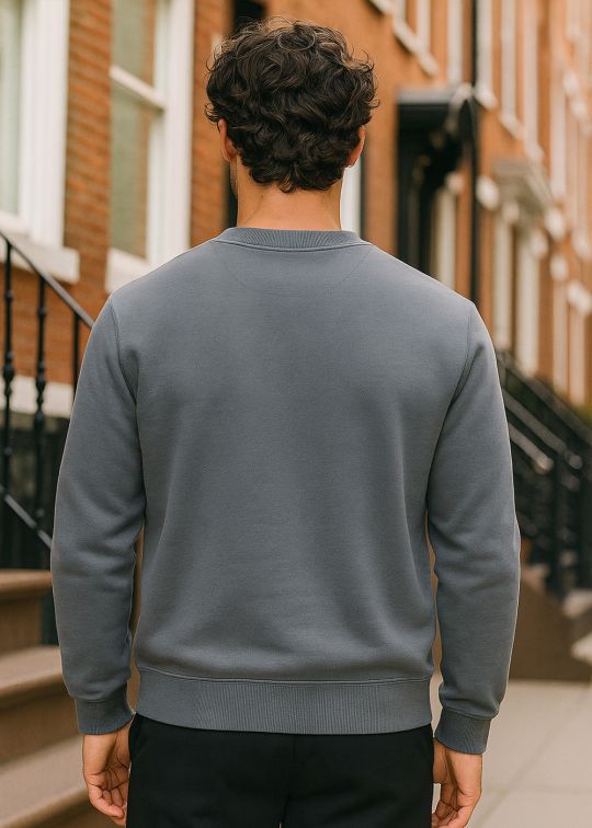 Men Slate Grey Crew Neck Relaxed Fit Sweatshirt With Cross Stitch