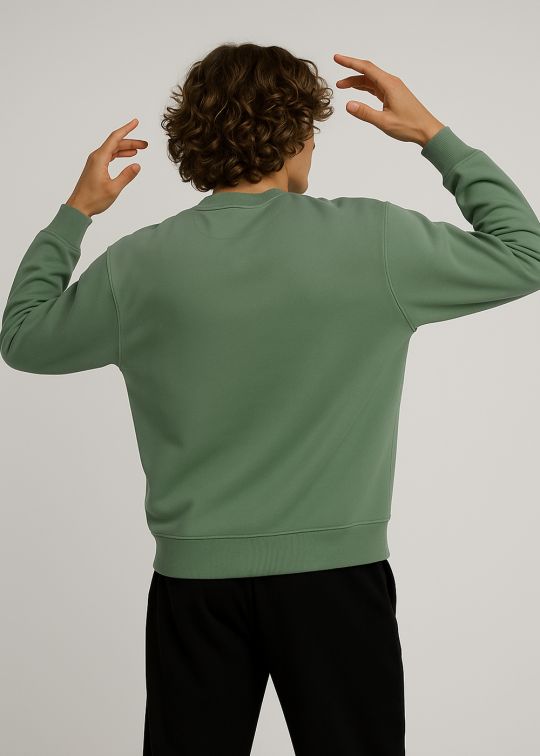 Men Moss Green Crew Neck Relaxed Fit Sweatshirt With Cross Stitch