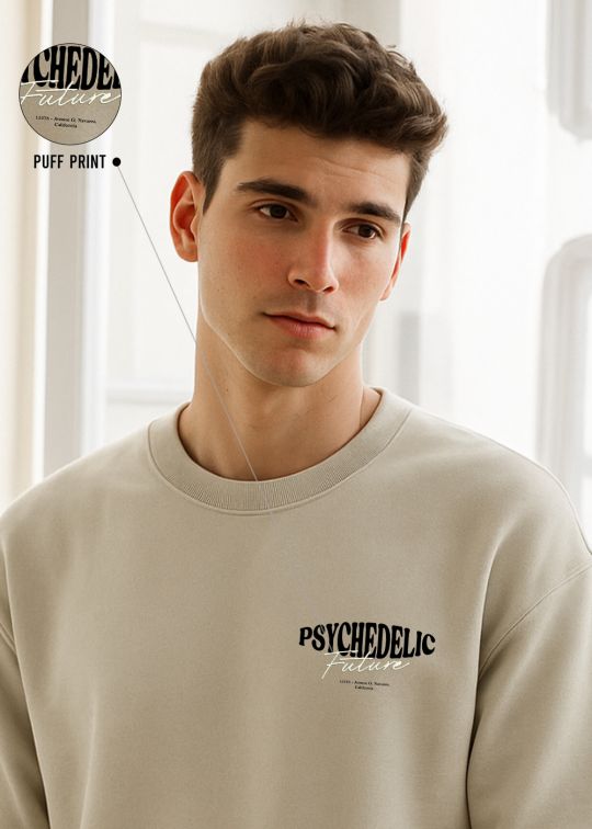 Men Psychedlic Beige Crew Neck Relaxed Fit Sweatshirt