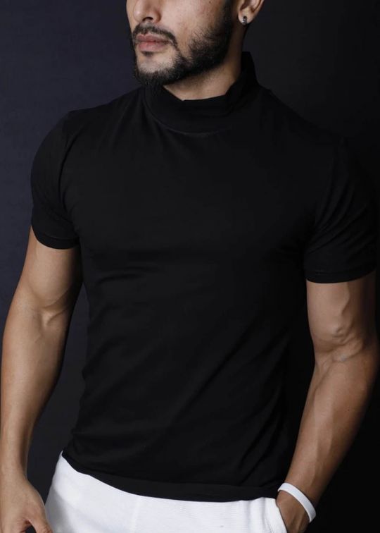 Black High Neck Half Sleeve T-shirt For Men