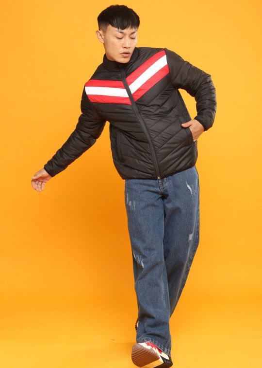 Black With Red White Panel Puffer Jacket For Men