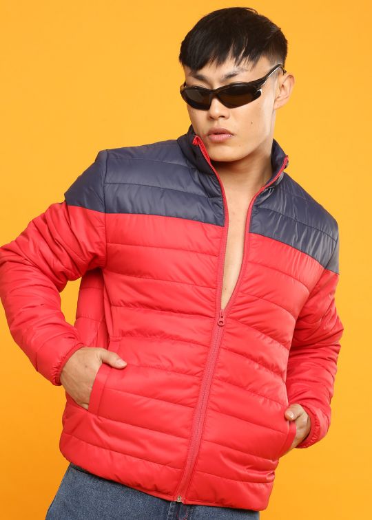 Red Colour Block Puffer Jacket For Men
