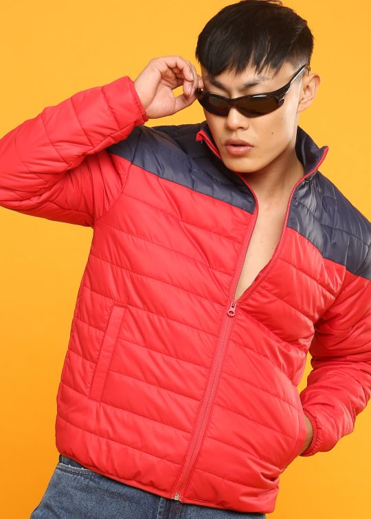 Red Colour Block Puffer Jacket For Men