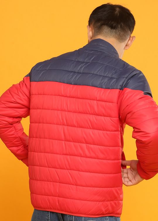 Red Colour Block Puffer Jacket For Men