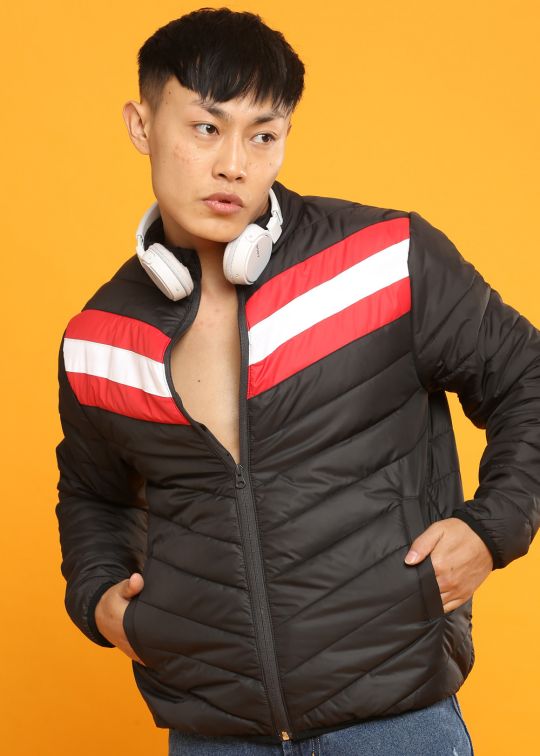 Black With Red White Panel Puffer Jacket For Men