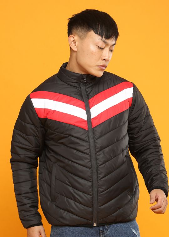 Black With Red White Panel Puffer Jacket For Men