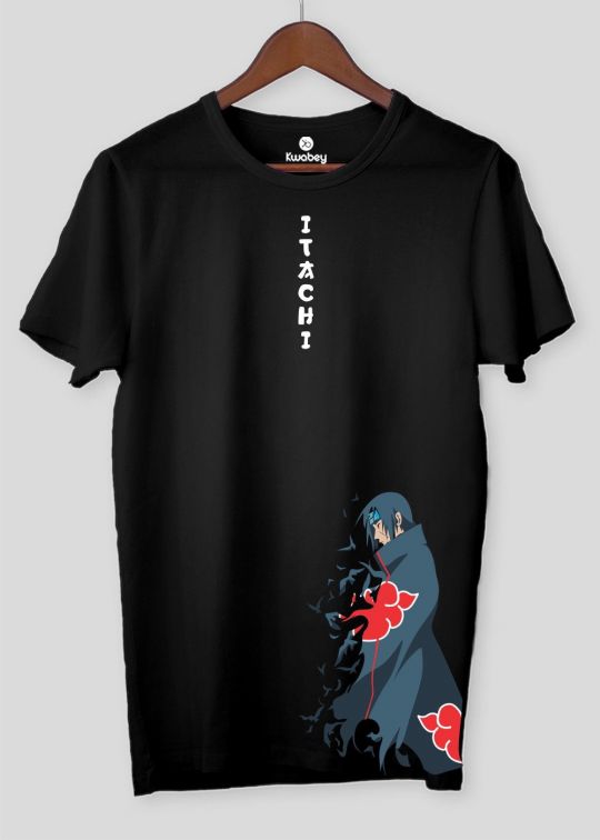 Side Print Itachi Uchiha Black Half Sleeve T-Shirt For Men
