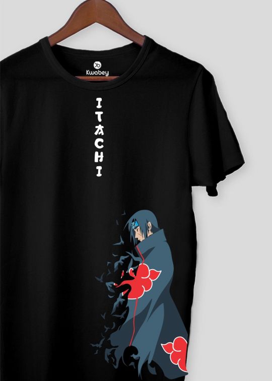Side Print Itachi Uchiha Black Half Sleeve T-Shirt For Men