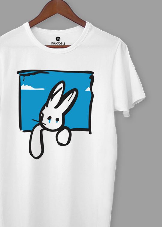 Rabbit Print White Half Sleeve T-Shirt For Men