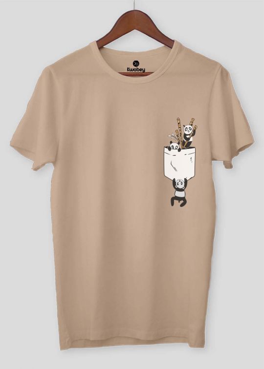 Bamboo Panda Pocket Beige Half Sleeve T-Shirt For Men