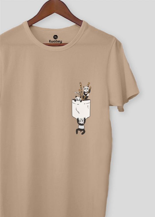 Bamboo Panda Pocket Beige Half Sleeve T-Shirt For Men