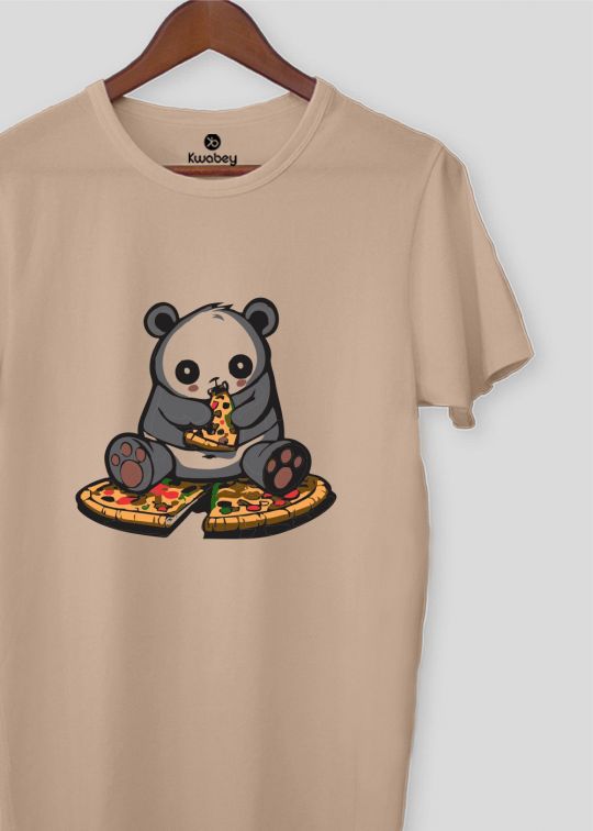 Pizza Panda Printed Beige Half Sleeve T-Shirt For Men