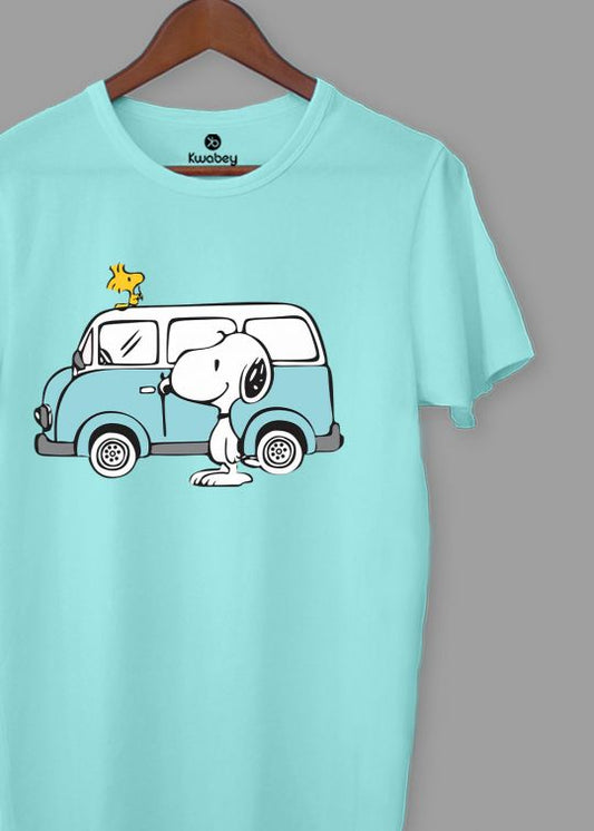Snoopy Van Printed Aqua Half Sleeve T-Shirt For Men