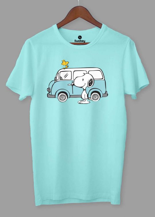 Snoopy Van Printed Aqua Half Sleeve T-Shirt For Men