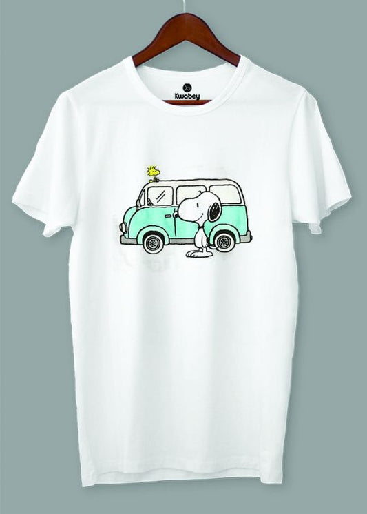 Snoopy Van White Half Sleeve T-Shirt For Men