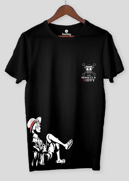 Monkey D Luffy Side Print Black Half T-shirt For Men