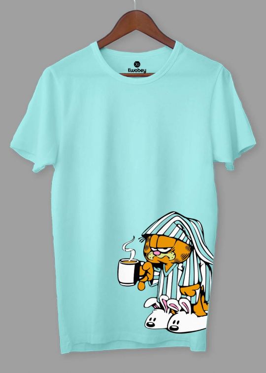 Garfield Tea Side Print Aqua Half Sleeve T-shirt For Men
