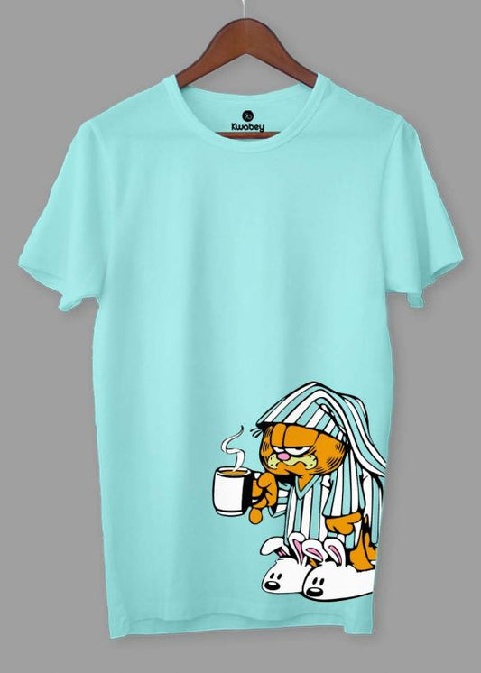 Garfield Tea Side Print Aqua Half Sleeve T-shirt For Men