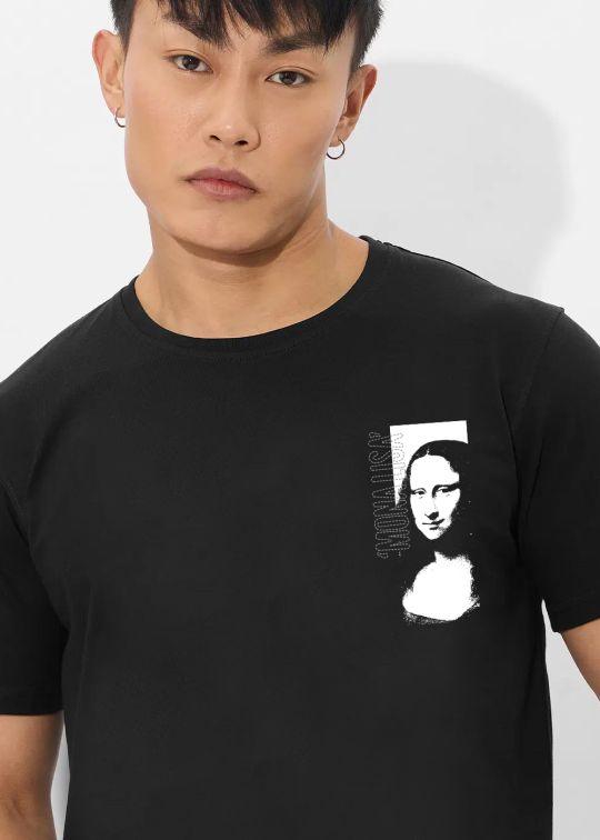 Monalisa Pocket Printed Black Half Sleeve T-Shirt For Men
