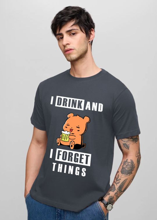 Drink And Forget Stone Grey Half Sleeve T-shirt For Men