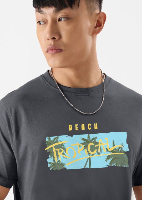 Beach Tropical Printed Stone Grey Half Sleeve T-Shirt For Men
