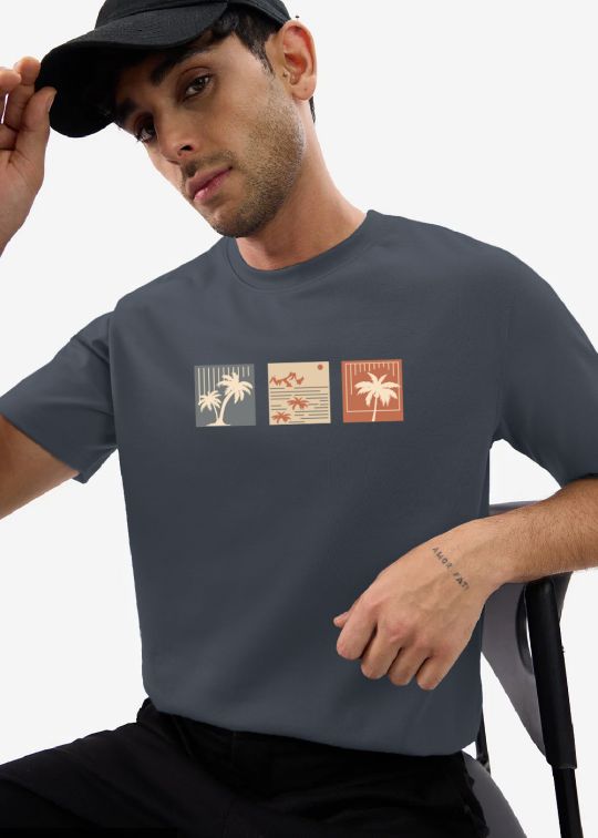 Sunset And palm Tree Stone Grey Half Sleeve T-Shirt For Men