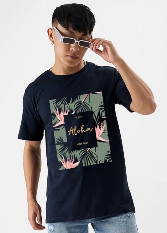 Aloha Printed Navy Half Sleeve T-Shirt For Men