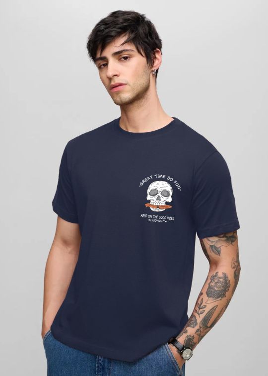 Keep Good Vibes Skull Navy Half Sleeve T-Shirt For Men