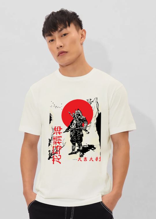 Samurai Printed Egg Shell Half Sleeve T-Shirt For Men