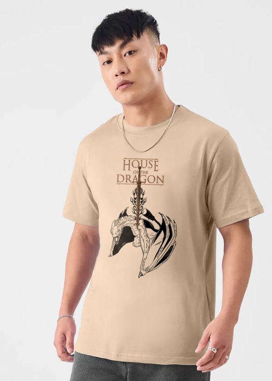 House Of Dragon Beige Half Sleeve T-Shirt For Men